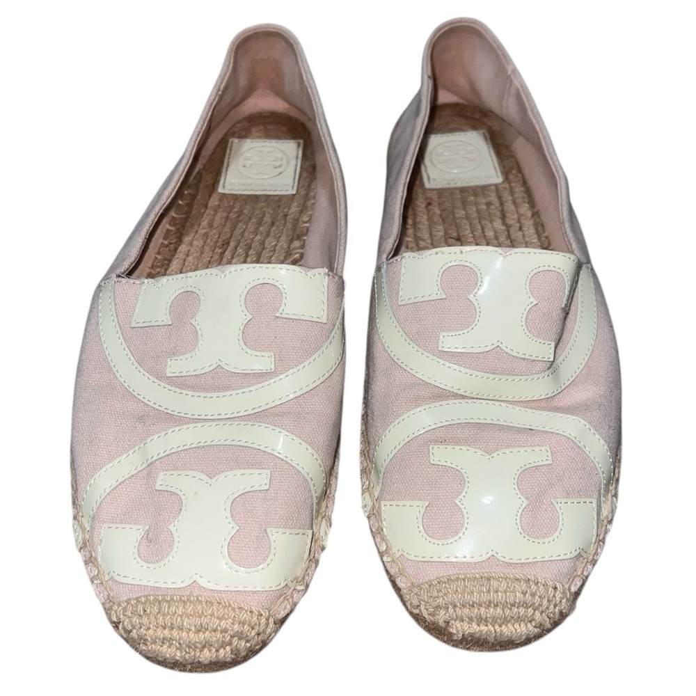 Tory Burch Pale Pink Canvas White Patent Leather Espadrilles Jute Sole Size 11